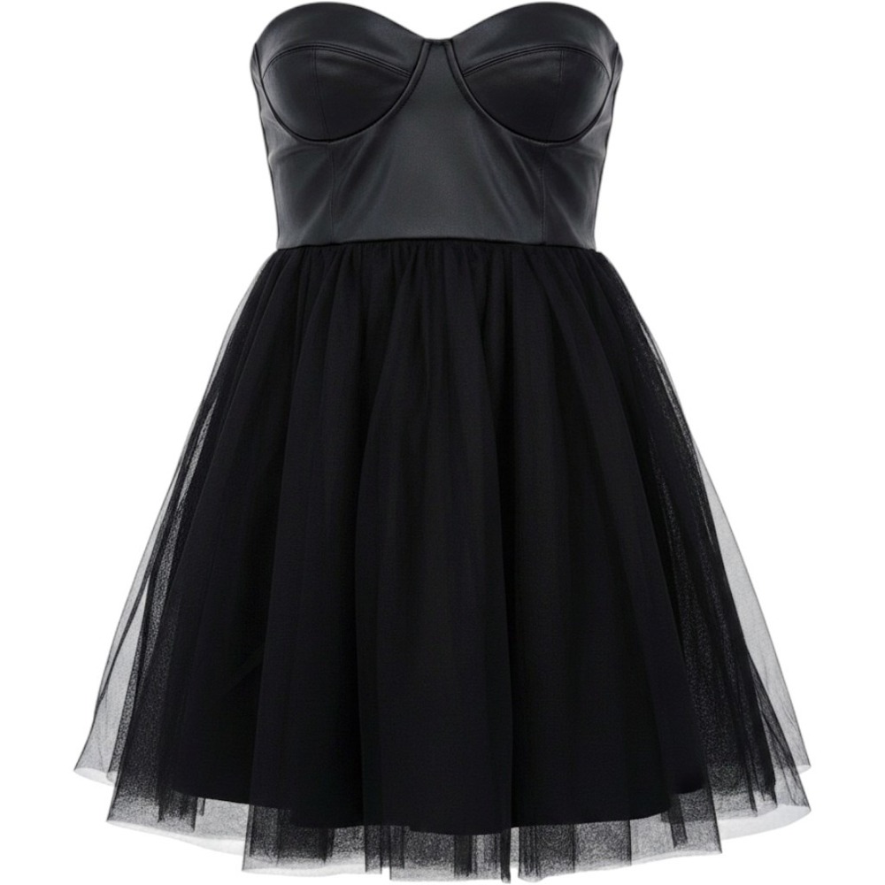 Black Faux Leather Corset Tulle Mini Dress Gothic Balletcore Dark Coquette NWT S